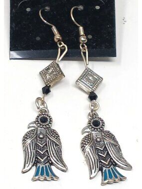 VTG Bird Dangle Earrings 2.75" Silvertone Black Blue Enamel Boho #J-6
